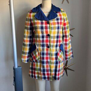 1970s Red, Yellow, Green, Blue, and White Plaid Lightweight Jacket with Pockets